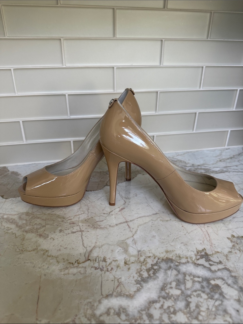 MICHAEL by Michael Kors Nude Patent Peep-Toe High Heels - Women's Dress Pumps